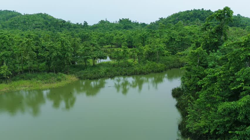 Aerial view of a serene green lake surrounded by lush tropical forest and rolling hills, Philippines.
