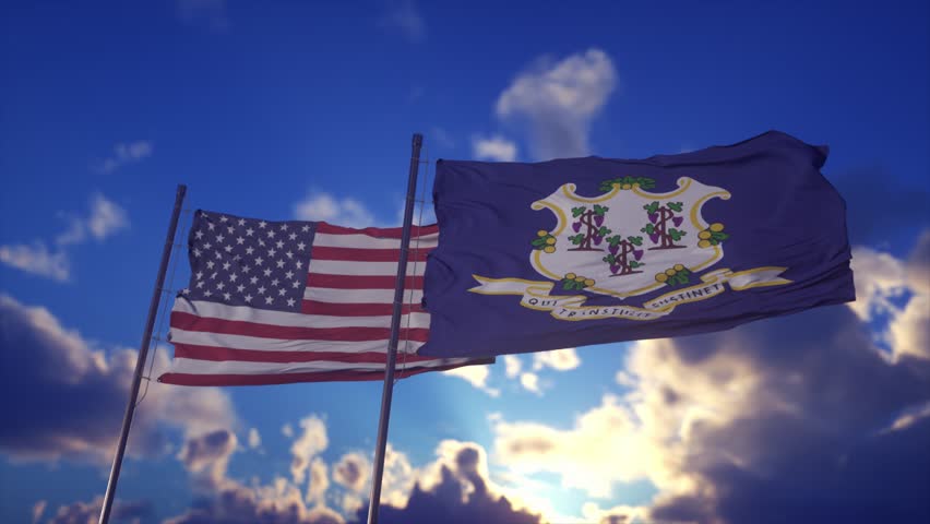 Connecticut State Flag and USA Flag Waving Against Dramatic Sunset Sky
