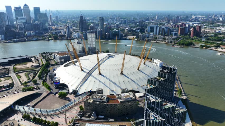 Aerial drone cinematic video of iconic O2 Arena in North Greenwich Peninsula, London, United Kingdom