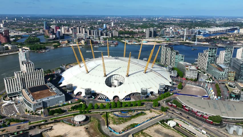 Aerial drone cinematic video of iconic O2 Arena in North Greenwich Peninsula, London, United Kingdom