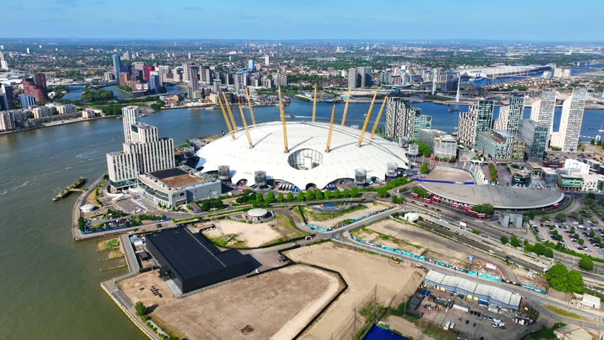Aerial drone cinematic video of iconic O2 Arena in North Greenwich Peninsula, London, United Kingdom