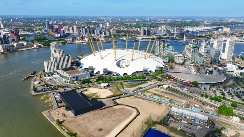 Aerial drone cinematic video of iconic O2 Arena in North Greenwich Peninsula, London, United Kingdom