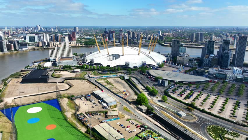Aerial drone cinematic video of iconic O2 Arena in North Greenwich Peninsula, London, United Kingdom