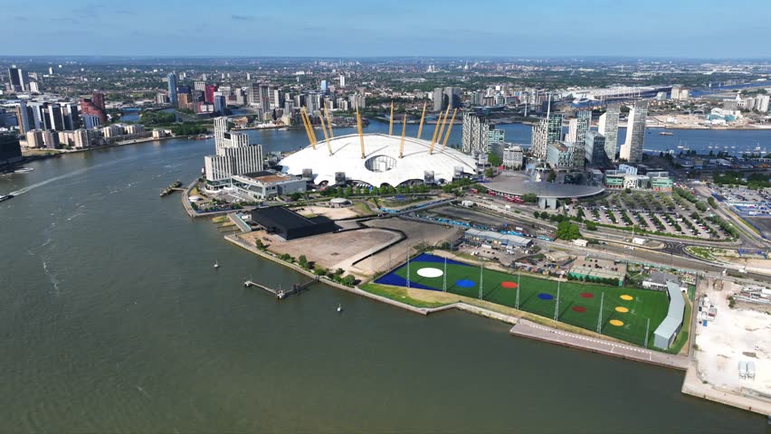 Aerial drone cinematic video of iconic O2 Arena in North Greenwich Peninsula, London, United Kingdom