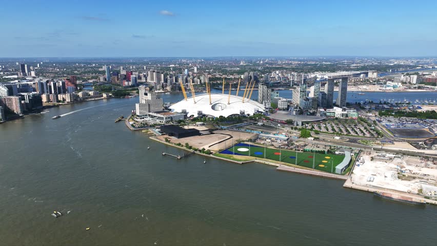Aerial drone cinematic video of iconic O2 Arena in North Greenwich Peninsula, London, United Kingdom