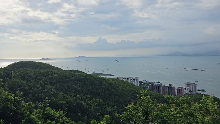 Scenic panoramic view of Sanya from Deer Turned Head Park, featuring a modern skyline, marina, mountains, lush greenery, and waterfront under a bright tropical sky.