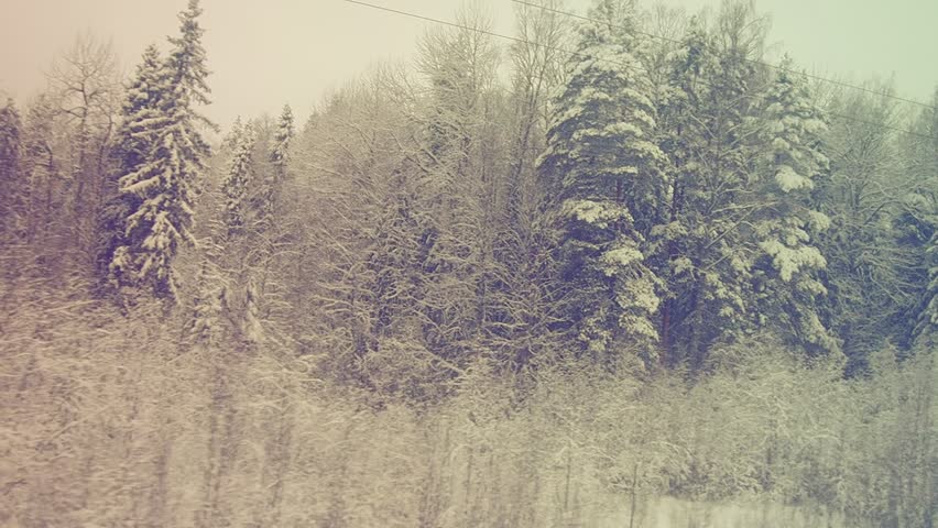 Snow covers the ground, trees, and power lines in a forest area. A train track runs through the snowy landscape under gray skies. Winter conditions are present throughout. Retro vintage coloring