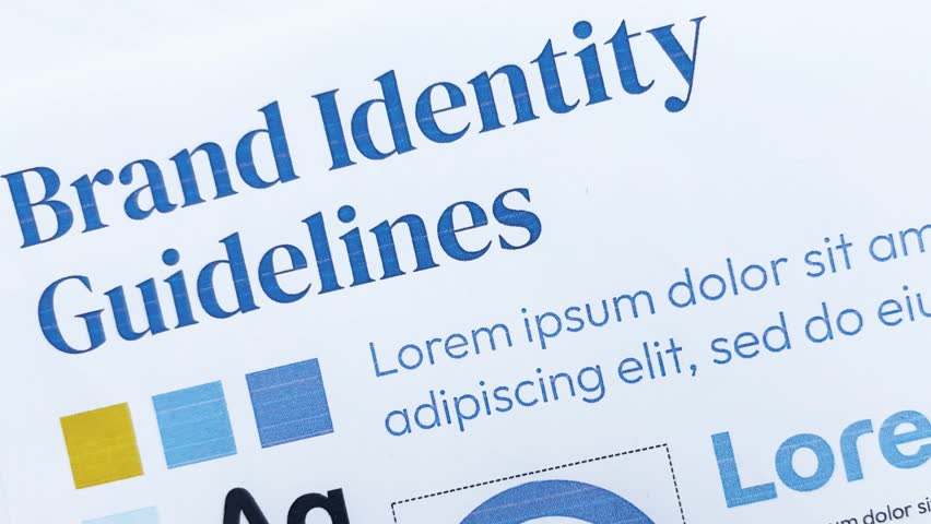 Brand identity guidelines with typography and shapes, 4k footage. Marketing, brand colors and text concept.