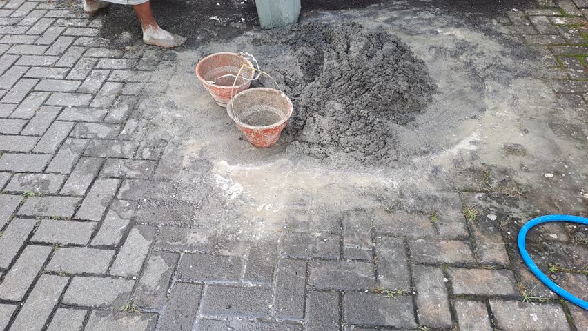 Handheld footage of a construction worker mixing cement with water, preparing building materials on-site. Perfect for themes of labor, construction, hard work, and industrial processes.