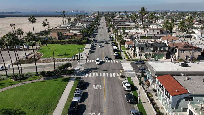 Seal Beach, California, Orange County, USA - Aerial View of Beachfront Homes on Ocean Ave on a Sunny Day Overlooking Long Beach, CA