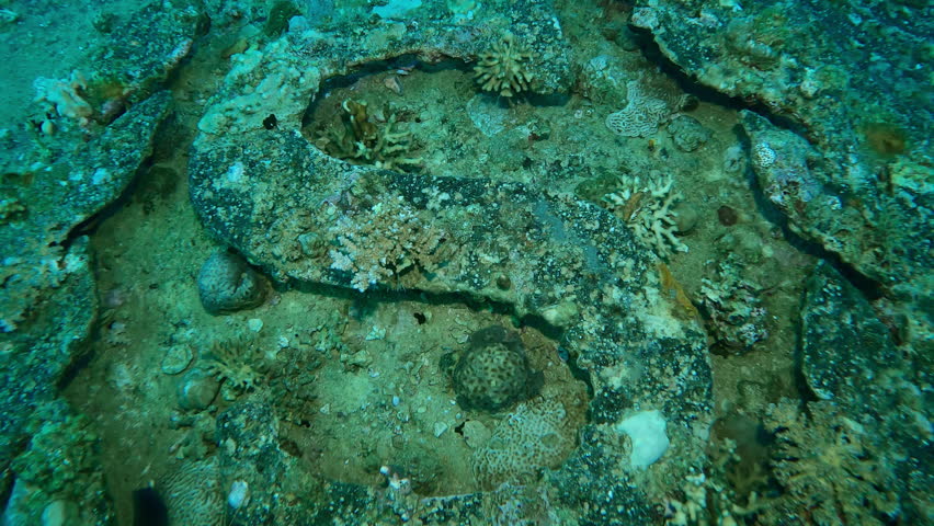 Close-up of coral-covered coat of arms on steam pipe of Salem Express ferry, Wreckship in Red Sea, Slow motion, Movement backward, Details of sunken ship in the depth sea