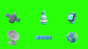 Modern 3D technology icon set featuring USB satellite, satellite dish, AI chatbot, smartwatch, global network, binary code - Powered by Shutterstock - Get 15% off with code: PIKWIZARD15