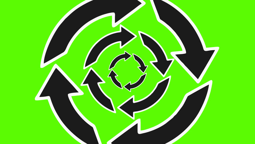 Rotating arrows white line animation on a green screen background, symbolizing repetition and cycle movement. Minimal outline pointer icon with smooth loop rotation, clean motion graphic style