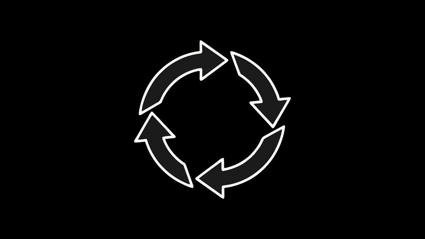 Rotating arrows white line animation symbolizing repetition and cycle movement. Minimal outline pointer icon with smooth rotation loop, clean motion graphic style, and seamless animation