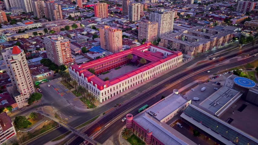 Aerial drone fly Military Historical Museum, Santiago de Chile City Center, Streets under Sunset