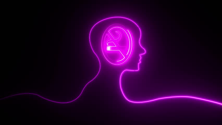 Glowing neon line Human head black backgroun.Glowing neon line Head silhouette icon isolated on black background.glowing neon line of No smoking alert icon on black background.4k video