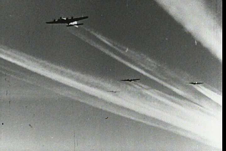 1940s - Air Force bombers fly bombing runs over Nazi Germany during World War Two (bad audio).