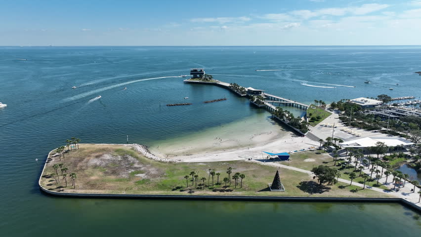 Spa Beach Pavillion And The St. Pete Pier In St. Petersburg, Florida, USA. Aerial Drone Shot