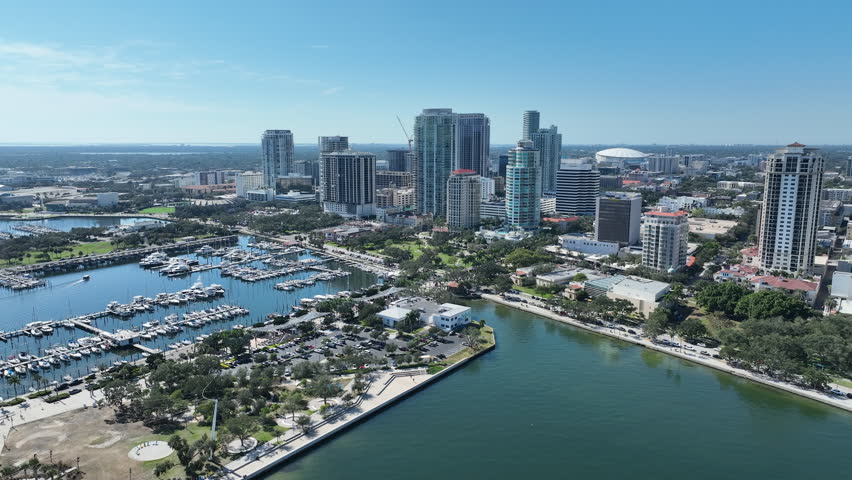 Panoramic Aerial View Of Iconic Waterfront At St. Pete Pier Along Tampa Bay In St. Petersburg, Florida, United States.