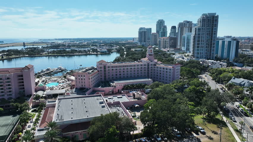 The Vinoy Resort And Golf Club Historic Hotel Over Downtown Waterfront Overlooking Tampa Bay In St. Petersburg, Florida, USA. Aerial Drone Shot