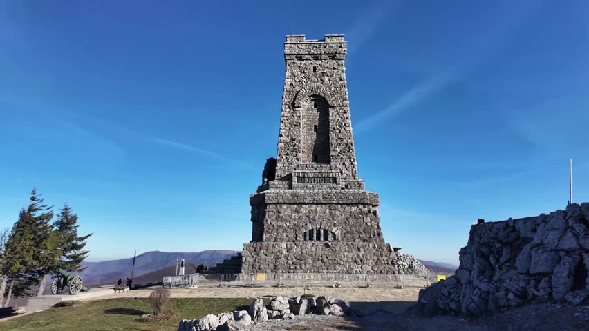 SHIPKA, BULGARIA - NOVEMBER 19, 2024: Panorama of Monument to Liberty Shipka at St. Nicholas peak, Stara Planina (Balkan) Mountain, Bulgaria