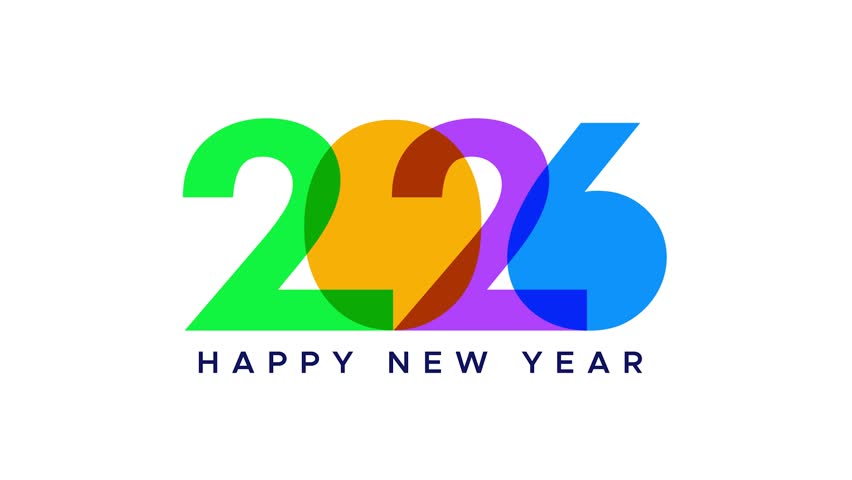 Colorful Modern Happy New Year 2026 Animation with Overlapping Numbers 2026 multicolor logo animation on white background