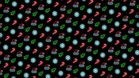 Looping neon Christmas pattern featuring trees, snowflakes, Santa hats, and candy canes in red, black, and white. - Powered by Shutterstock - Get 15% off with code: PIKWIZARD15