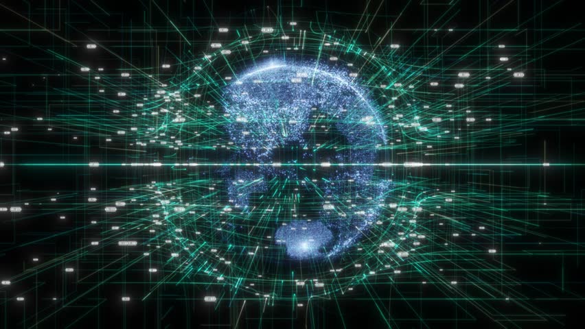 Animated colorful rotating hi tech globe in cyberspace with flowing binary code lines hi tech design technology background