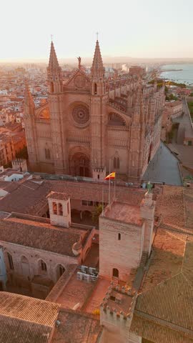 The Cathedral of Santa Maria of Palm, Palma de Mallorca, Mallorca, Balearic Islands, Spain. Aerial view of the historic Cathedral building on Majorca island at sunrise. 