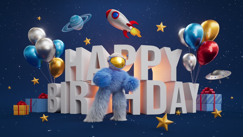 Cycled animation of a funny furry mascot wearing an astronaut helmet, dancing over a cosmic scene. Festive background with Happy Birthday 3D text with space decor, balloons, stars, and gifts