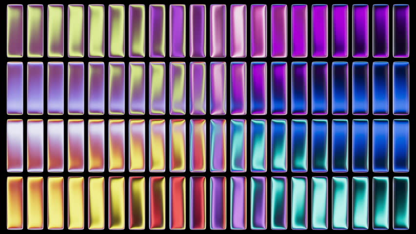 Multicolored mosaic. Vivid neon gradient spinning across multiple rectangular glass blocks. Abstract looping 3D animation. Iridescent holographic transition effect