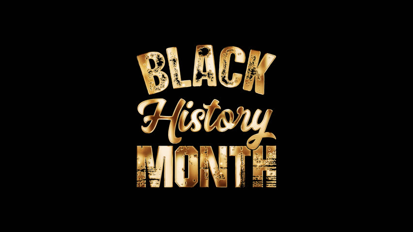 Black History Month golden text with light effect on black abstract background  . 4K 3D rendering isolated transparent with alpha channel Quicktime prores 4444. Seamless loop element for for Black History Mont title intro overlay. 