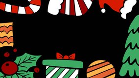 Festive Christmas frame animation featuring candy canes, Santa hat, ornaments, holly, and gift boxes surrounding an empty center space. Perfect for greetings, titles, wishes, holiday message placement - Powered by Shutterstock - Get 15% off with code: PIKWIZARD15