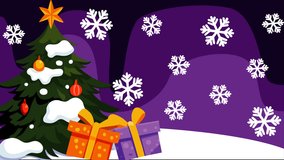 A warm Christmas scene featuring a decorated Christmas tree covered in snow, falling snowflakes, and gift boxes on a snowy landscape. Ideal for winter holiday greetings, New Year celebrations - Powered by Shutterstock - Get 15% off with code: PIKWIZARD15