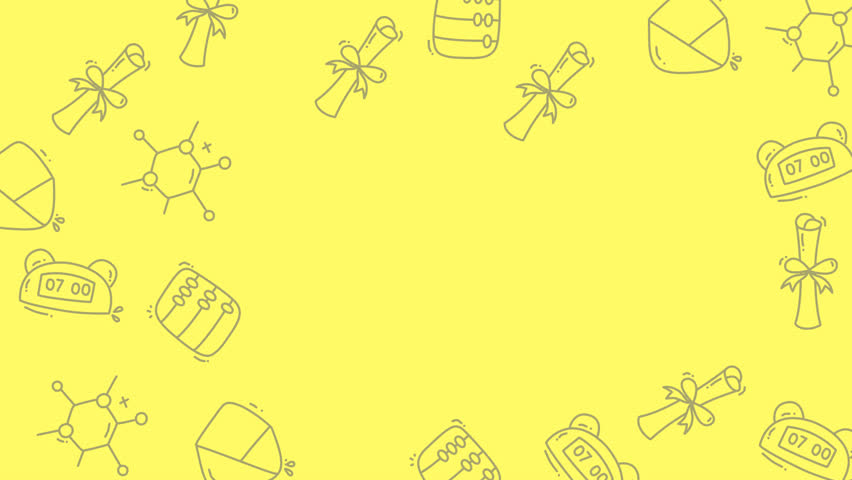 A vibrant yellow background adorned with playful doodle art featuring various school supplies and graduation scrolls, creating a cheerful and educational theme.