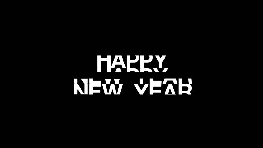 Happy new year text word lettering typography rolling text 3d animation video, New year intro rolling scrolling text outro sign symbol icon white lettering inscription black background repeated text