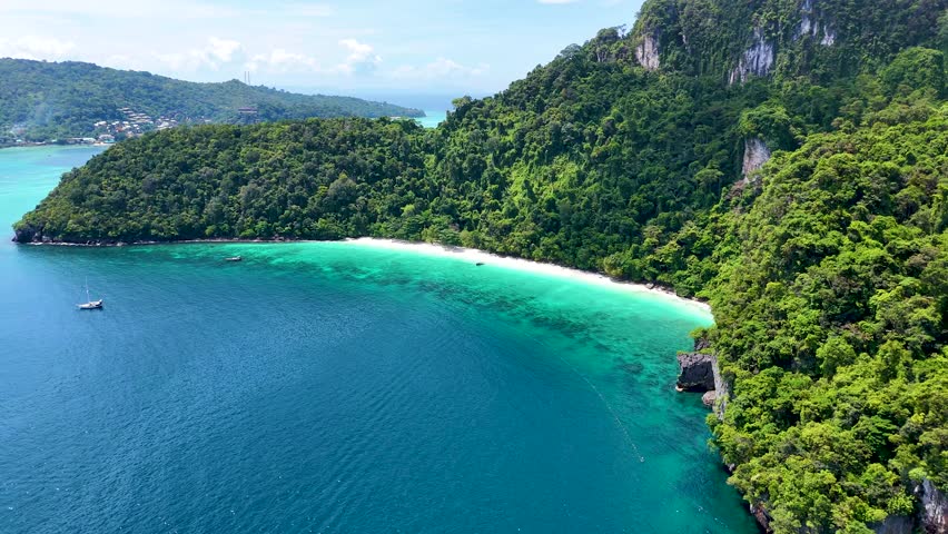 Aerial view of Monkey Beach on the Phi Phi Island in the Krabi Province, Thailand