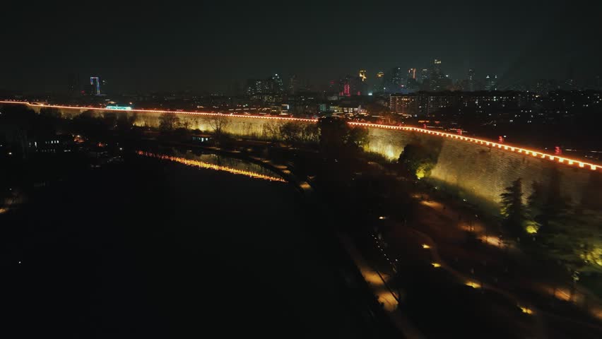 Aerial view of City Wall of Nanjing at night in Jiangsu, China