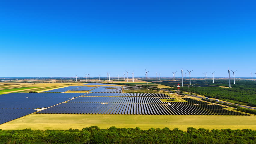 Large sites of modern solar panels in the rural area. Multiple windmills rotate in the wind at backdrop. Aerial view.