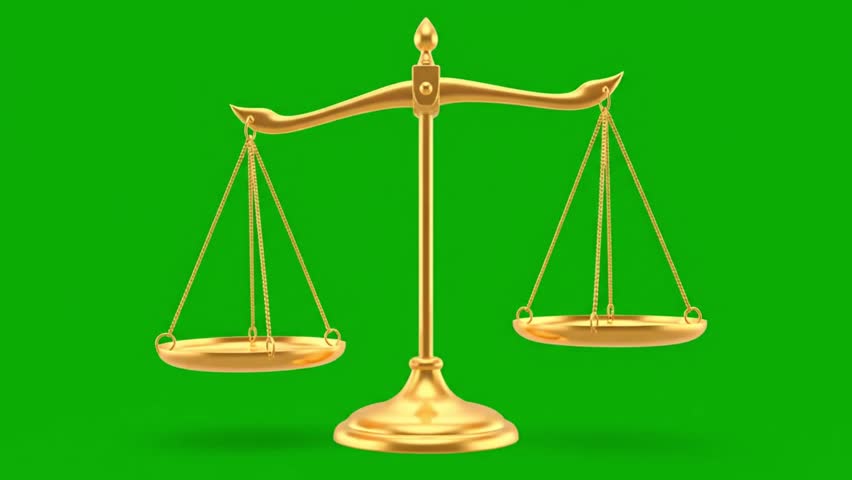 Golden Scales of Justice Swinging Animation on Green Screen. Law and Order Concept for Court, Legal System, Attorney, and Judgment Video Project
