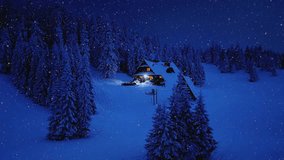 This realistic winter scene features a secluded Christmas cabin or chalet nestled deep within a snow-covered woodland. Softly falling snow blankets the surrounding forest while a gentle glow emanates  - Powered by Shutterstock - Get 15% off with code: PIKWIZARD15