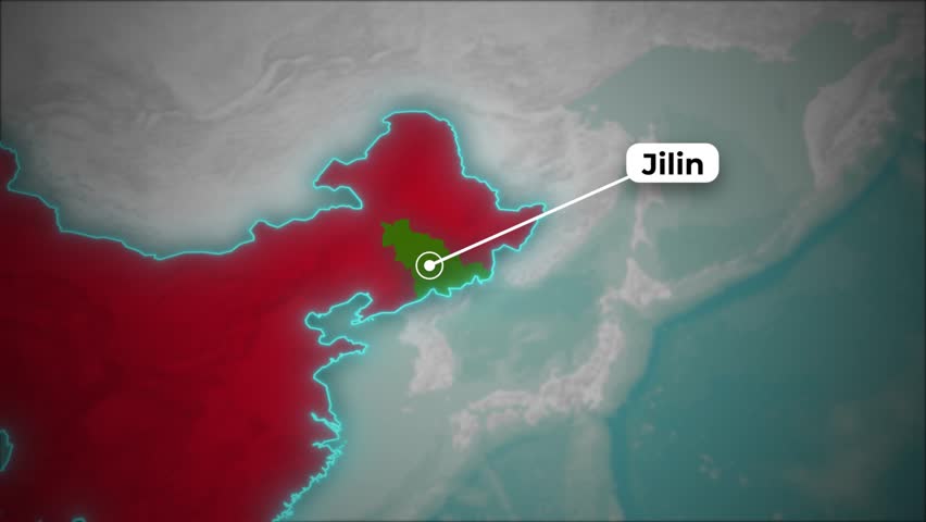 Animated map of China, highlighting the Jilin province with a locator callout. Designed for explainer videos, geopolitical presentations, and travel content on a stylized world map background.