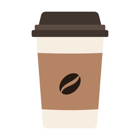 Animated coffee cup and bean icon.