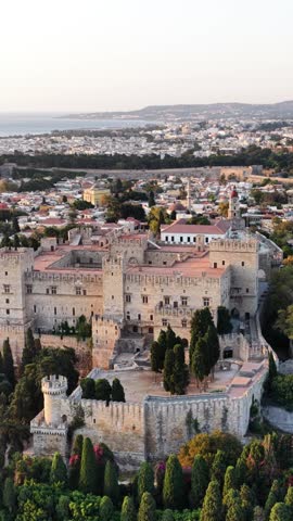 Rodos Greece medieval city and Palace of the Grand Master aerial view at daytime showing harbor