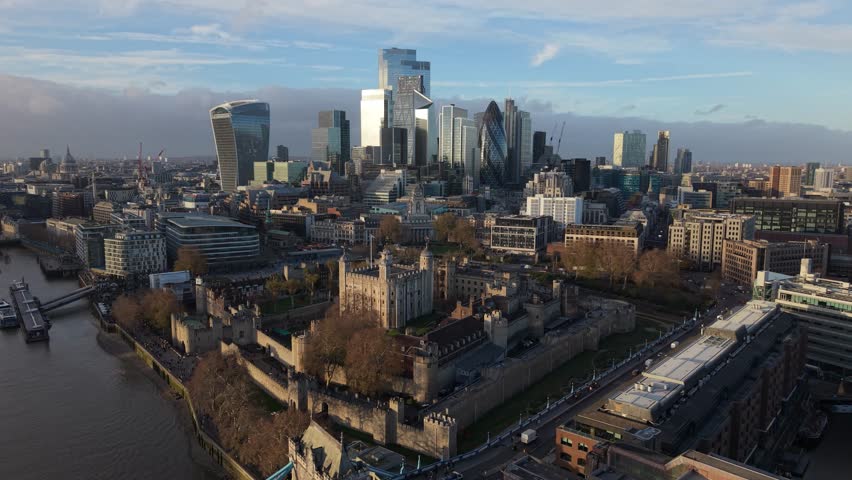 Aerial View of London Skyline and Tower of London on a Sunny Day