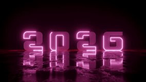 Futuristic pink neon sign with the year 2026 against a dark, reflective surface. New year holiday signboard. Looped 3d animation - Powered by Shutterstock - Get 15% off with code: PIKWIZARD15