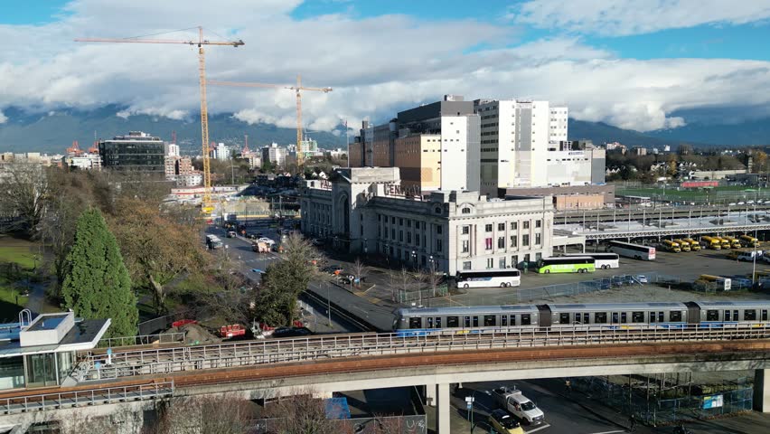 Pacific Central Station and false creek drone aerial in downtown vancouver on winter
