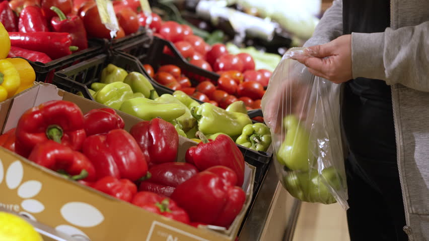 Customer selecting fresh sweet peppers at supermarket produce section putting green bell pepper into plastic bag among red peppers and tomatoes
