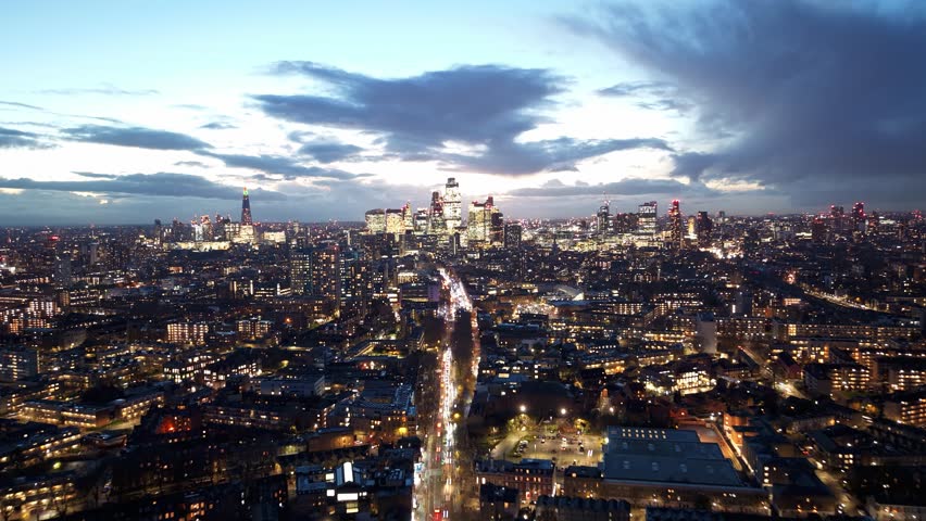 London City Night Time Lapse of Traffic and Sky, Dusk to Night