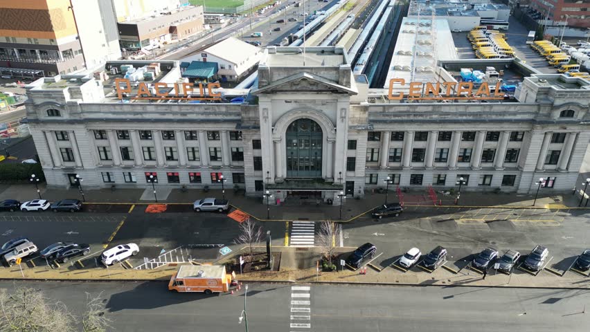 Pacific Central Station and false creek drone aerial in downtown vancouver on winter